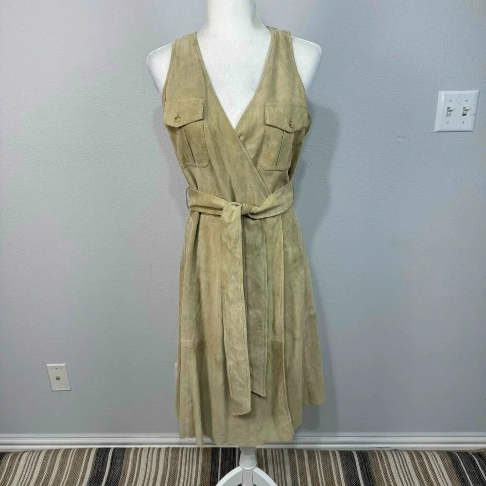Lauren Ralph Lauren 100% Goat Suede Belted Sleeveless Dress Faux‎ Wrap Tan Sz 10